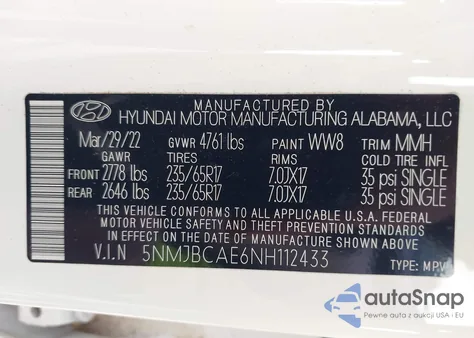 2022 Hyundai Tucson Sel z USA, uszkodzony, nr VIN 5NMJBCAE6NH112433